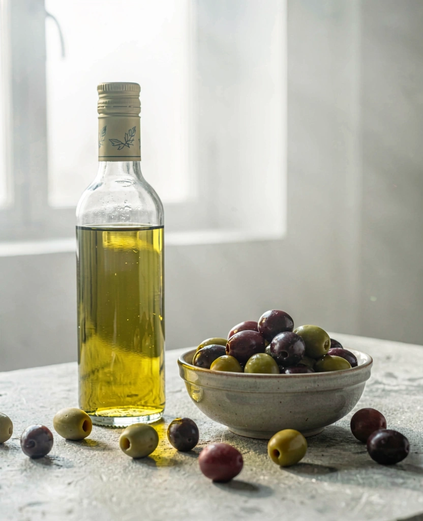 Aceite de oliva virgen extra y olivas frescas